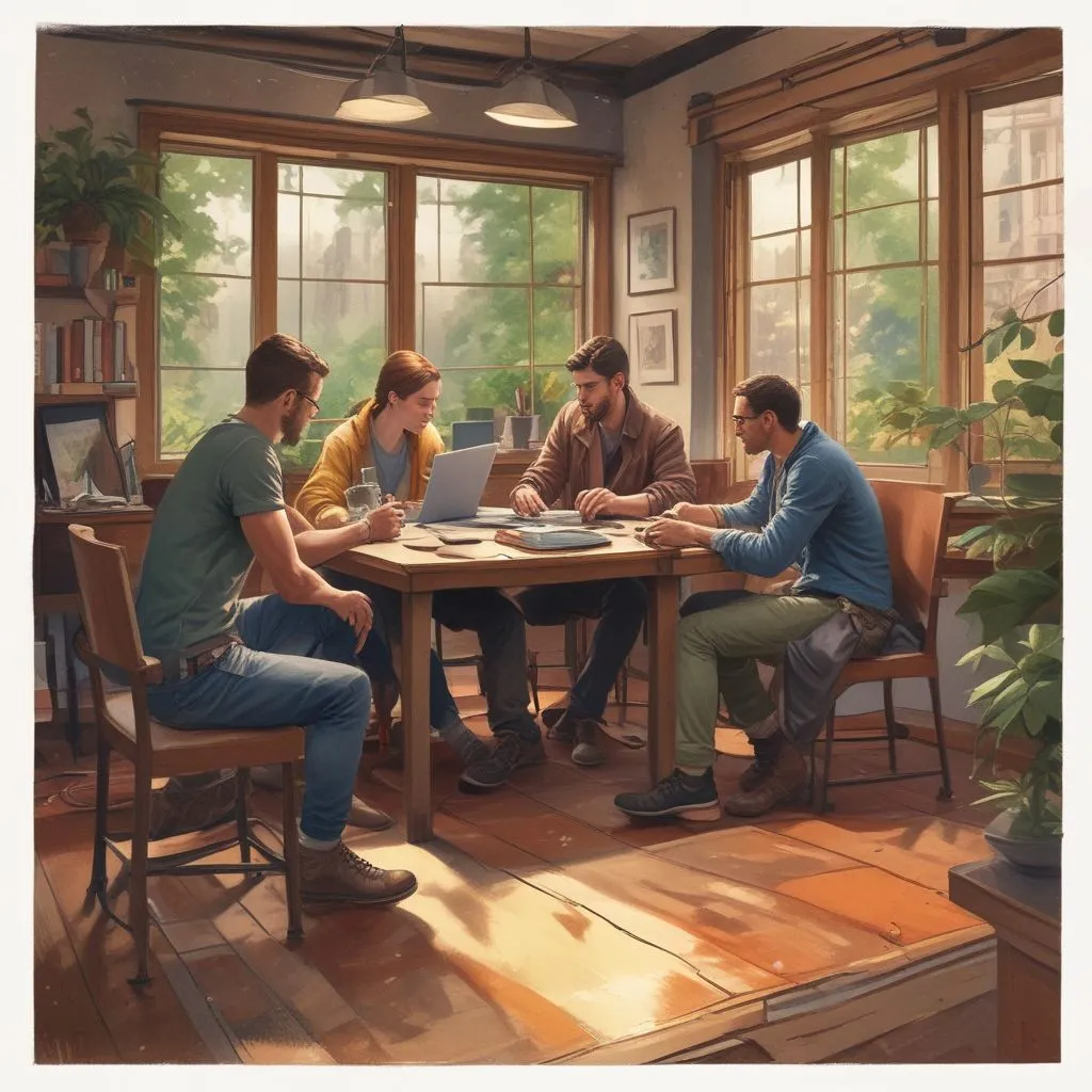 an image depicting colleagues collaborating in a casual setting