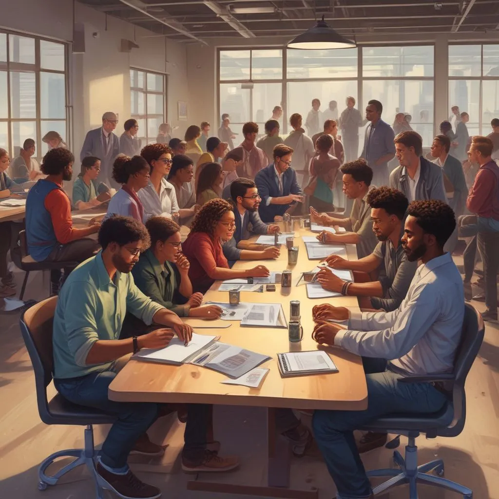 an image of diverse people collaborating in a modern workspace