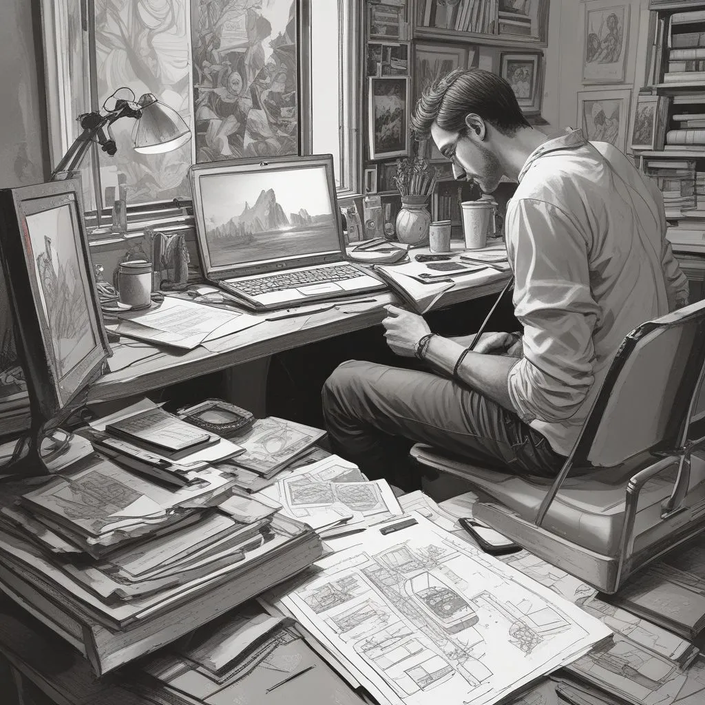 Arts student working on design and writing portfolio with laptop and sketchbook, creative workspace, realistic style