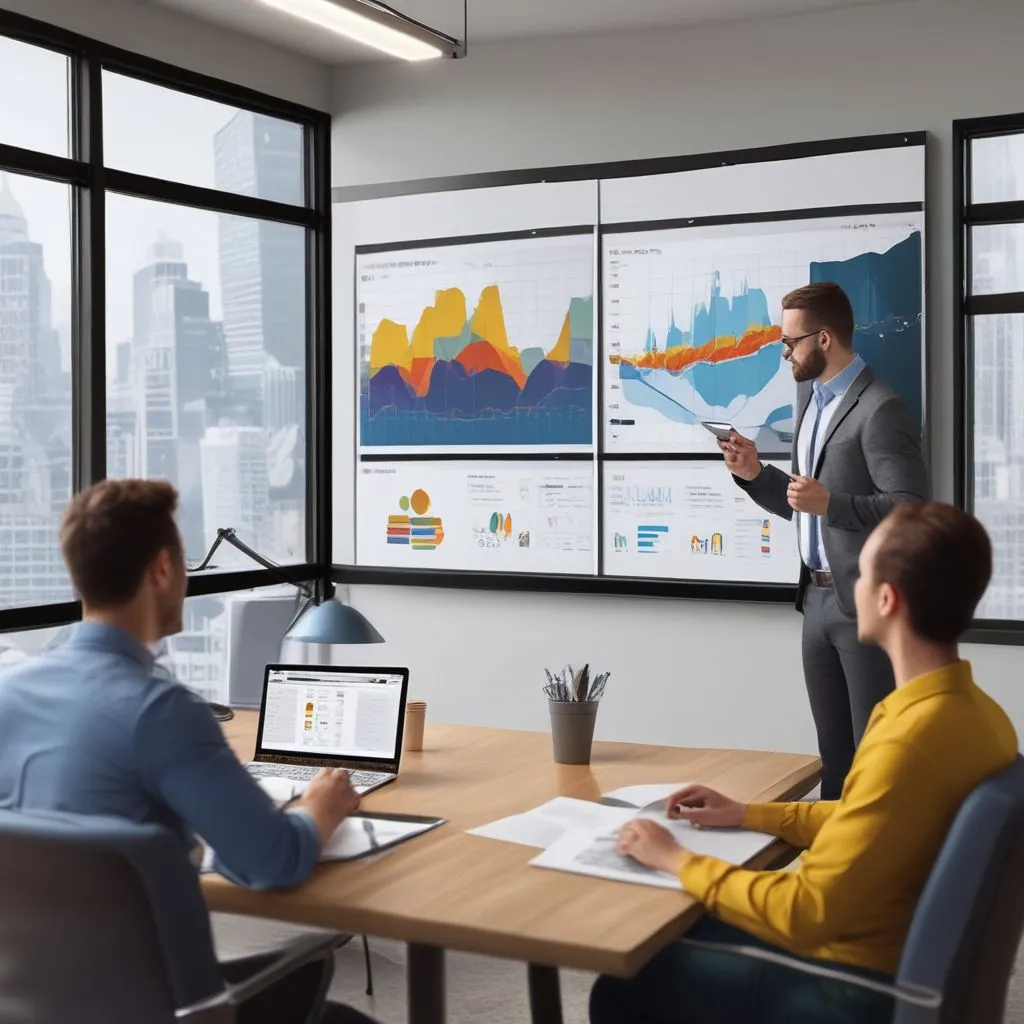 Business analyst presenting dashboard on large screen, Power BI style charts, team meeting, realistic office photo