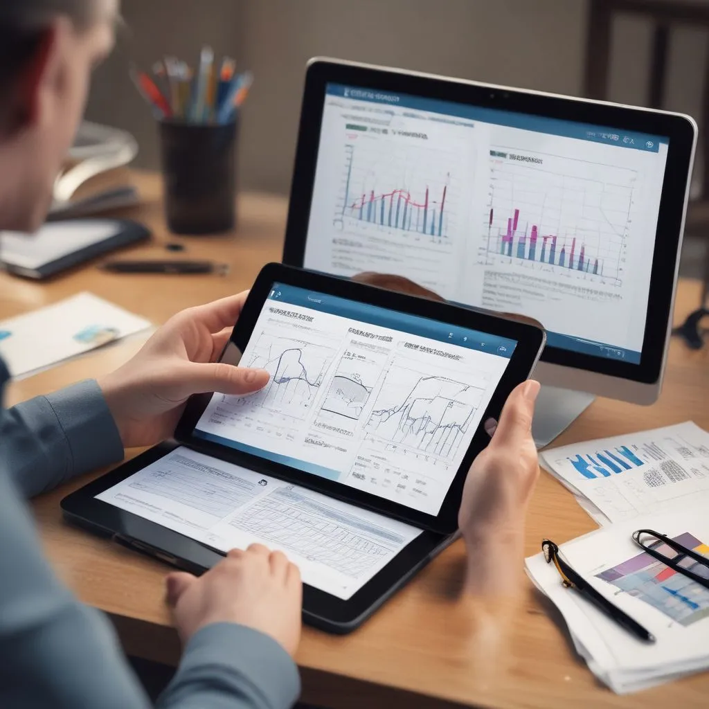 career aptitude test report on a tablet with charts, counsellor explaining results, student listening, professional setting, realistic photo
