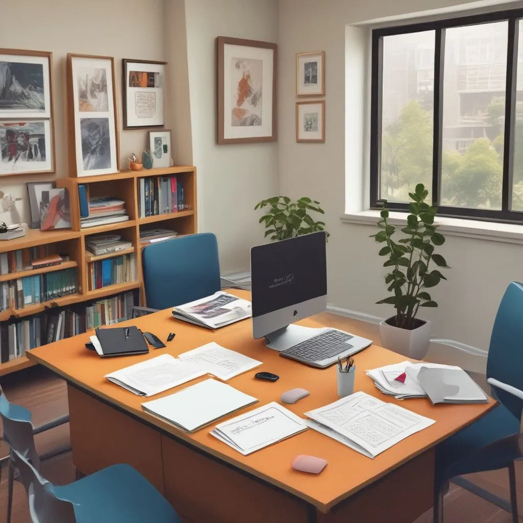 Career counselling office setup with branding materials, laptop, brochures, and a professional counsellor speaking to a parent and student, realistic style