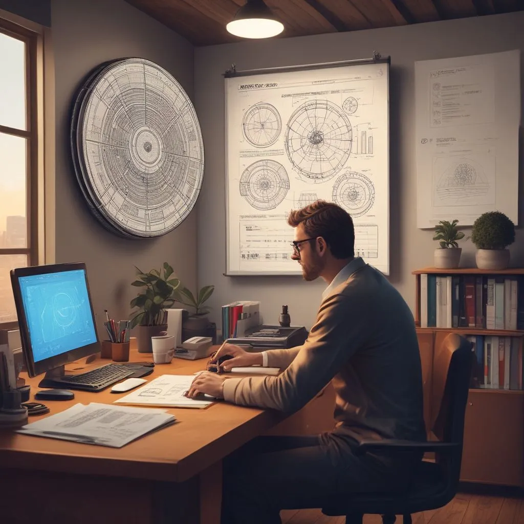 Career counsellor explaining AI-era career options with charts, laptop, and career wheel poster, realistic office scene, 4:3