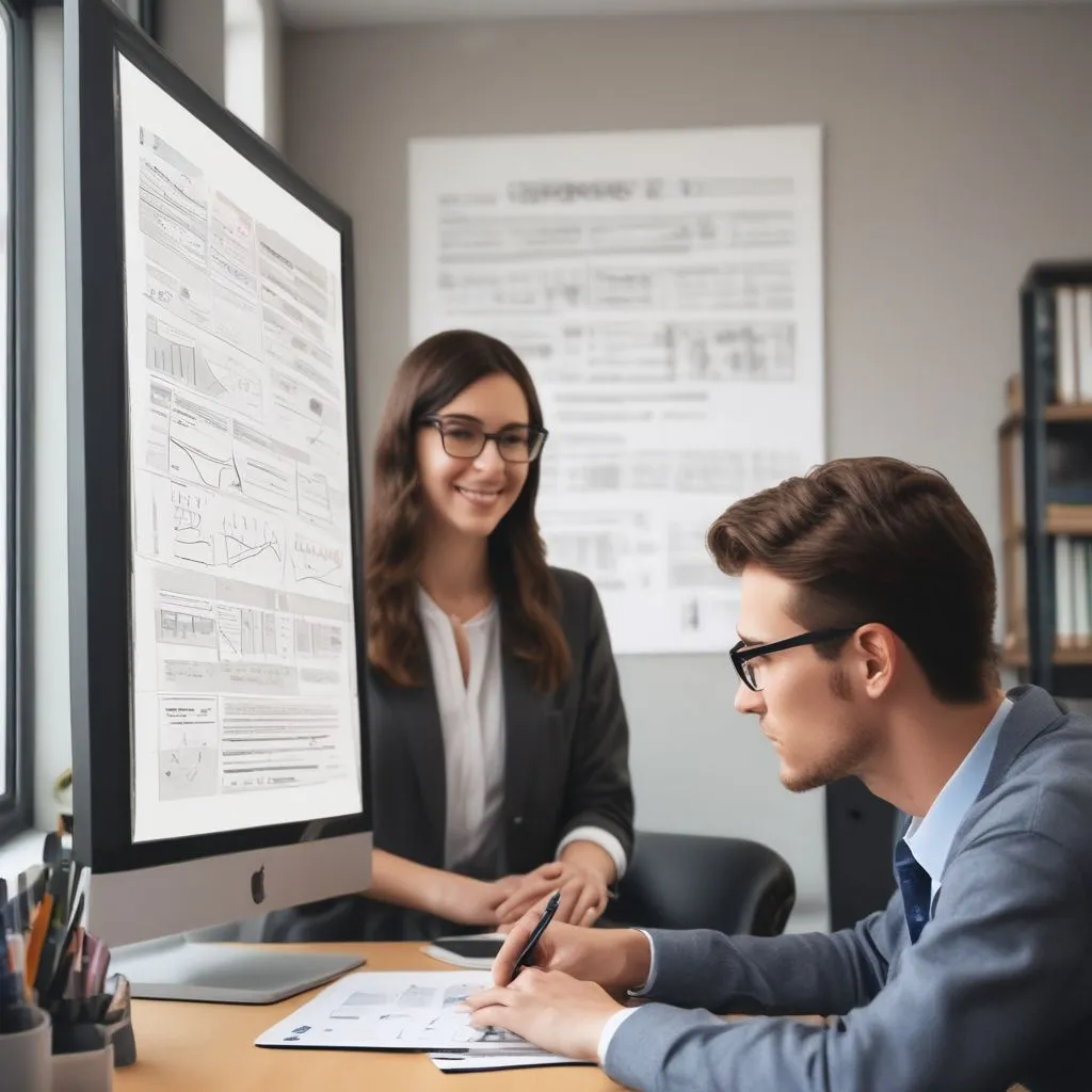 Career counsellor explaining psychometric report to student and parent, charts and career options on screen, professional office, realistic photo