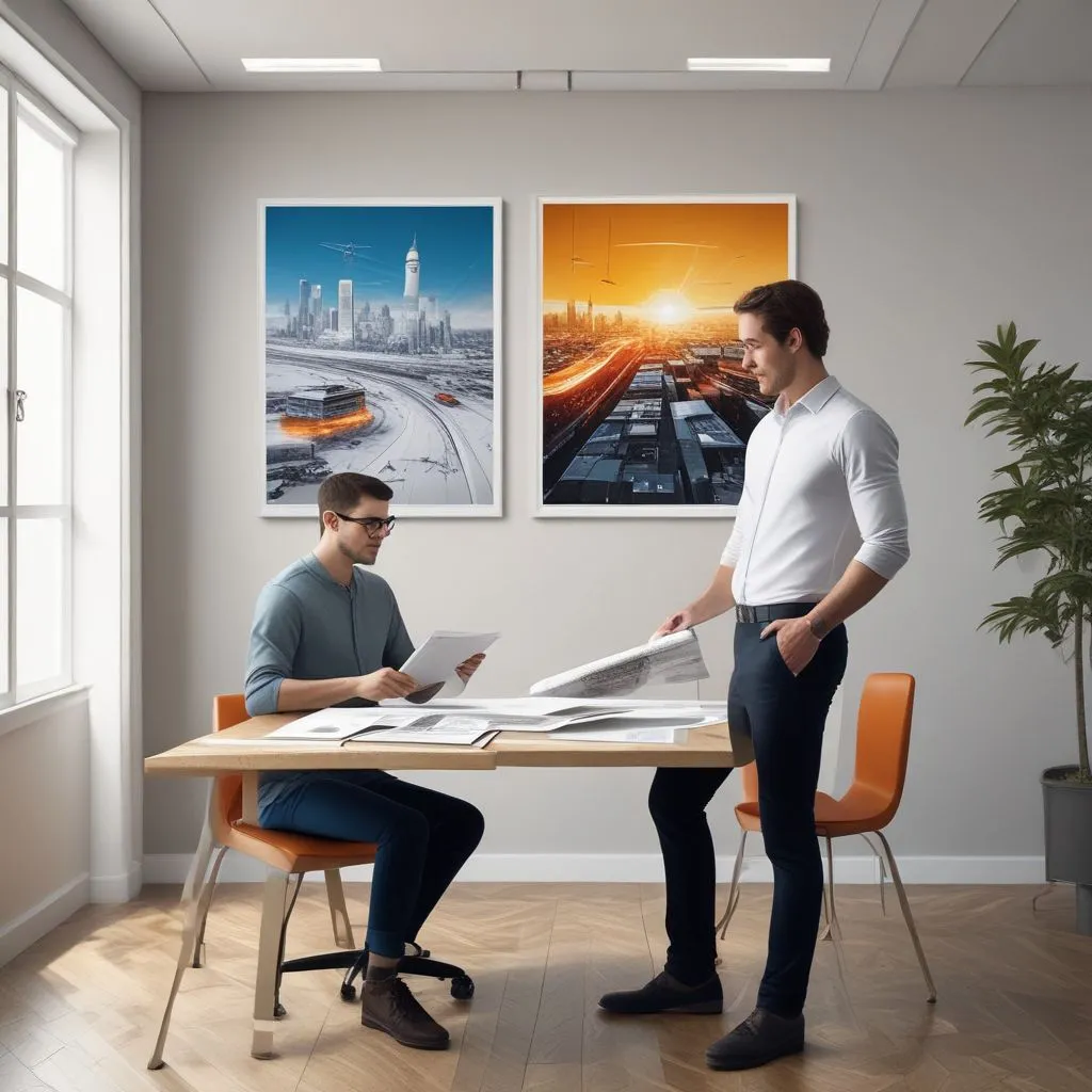 Career counsellor in a modern office guiding a student with a printed career roadmap, professional setting, realistic photo