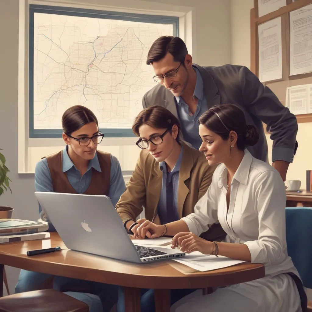 Career counsellor in a modern office showing a career roadmap on a laptop to a student and parent; Indian setting; clean professional look; realistic