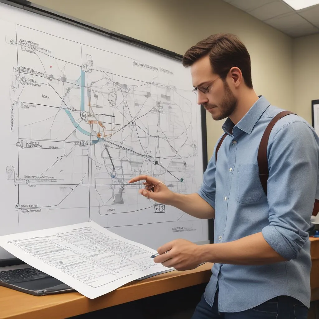career counsellor showing a roadmap chart with multiple career paths to a student, modern classroom/office setting, realistic photo style