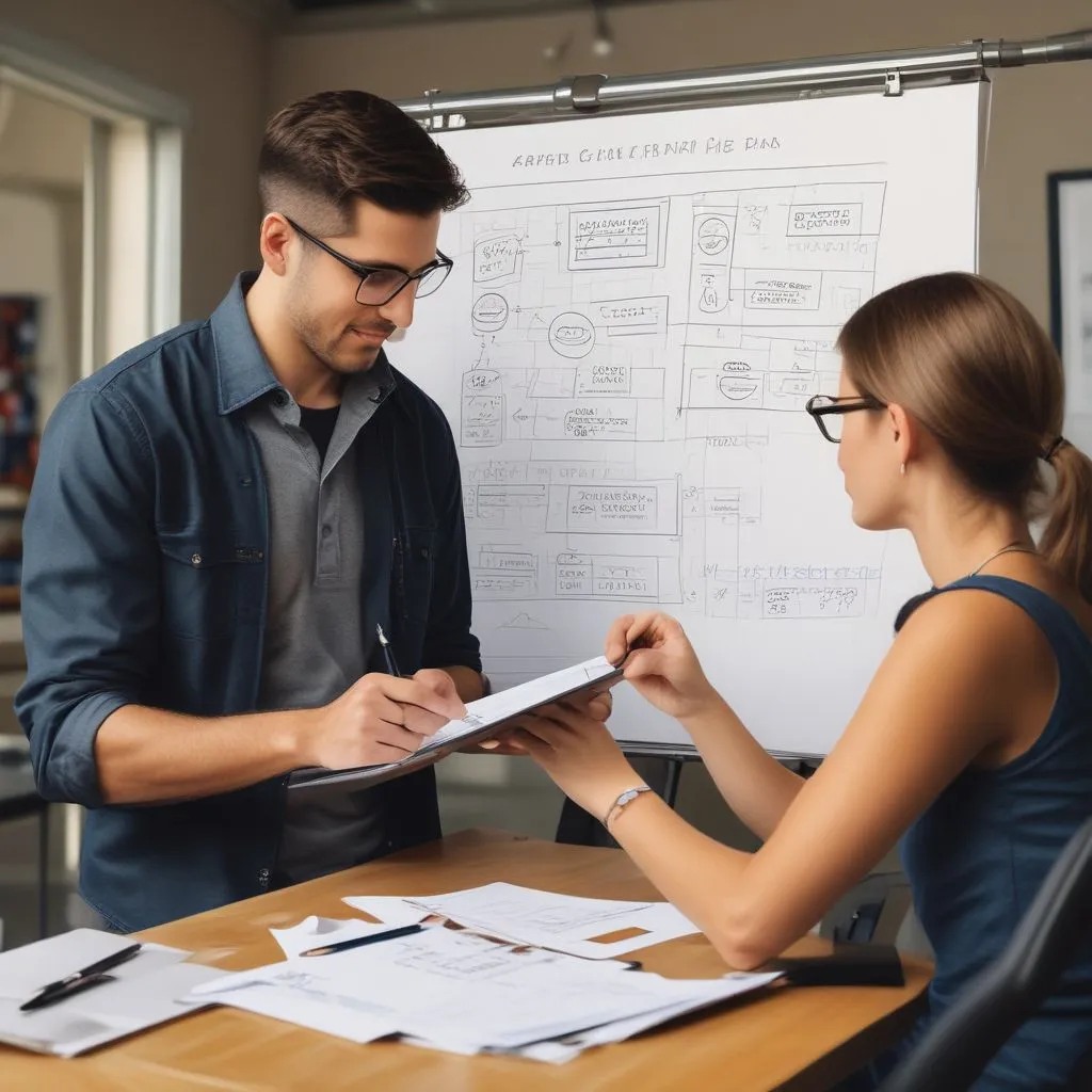 Career counsellor showing a student a career pathway chart with Plan A Plan B Plan C, notebook and assessment report on table, realistic photography
