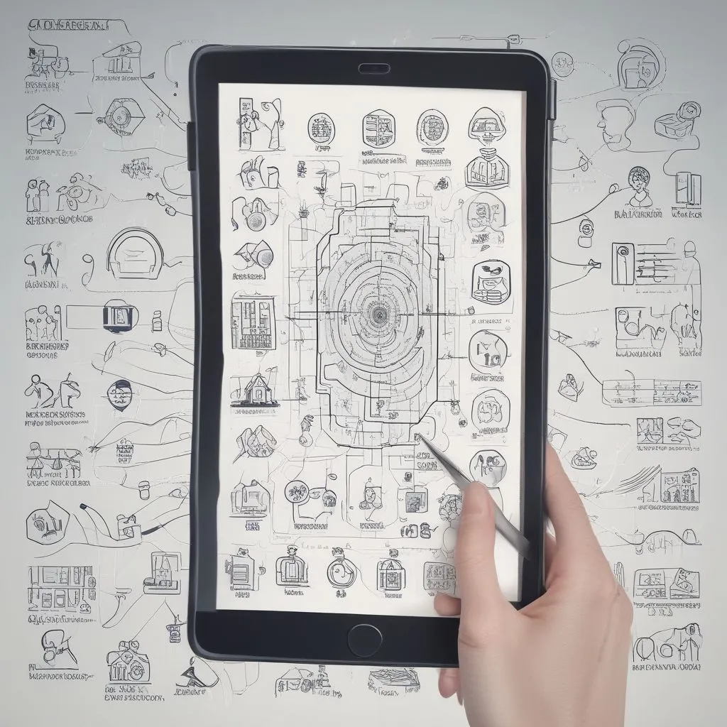 Career counselor showing career roadmap on tablet to student, charts and icons for AI, cybersecurity, healthcare, realistic photo