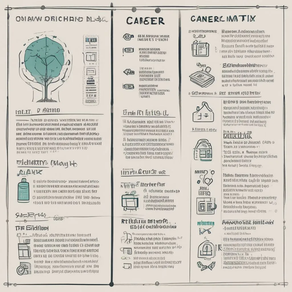 Career decision matrix on a notebook: aptitude, interest, salary, growth, lifestyle columns, clean infographic style