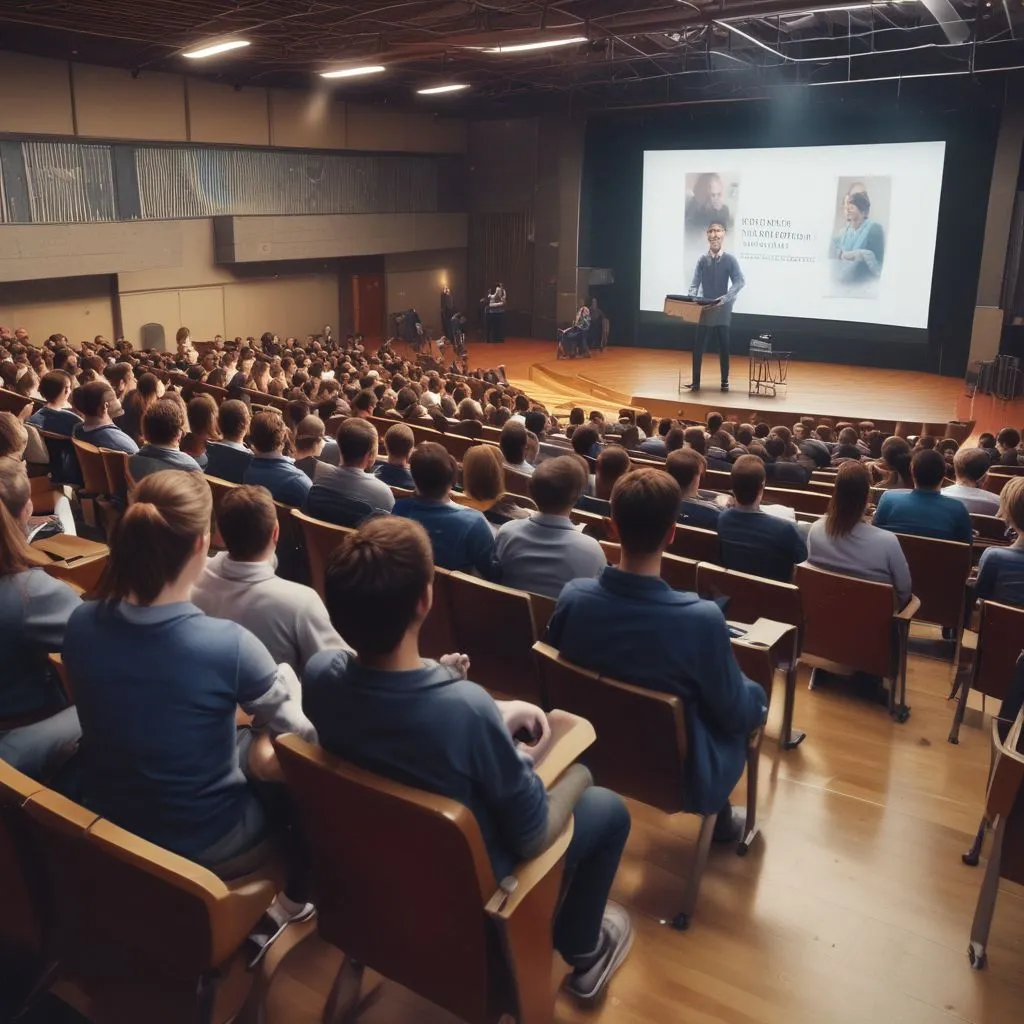 career guidance seminar in a school auditorium, counsellor presenting career paths on screen, students seated, realistic photo
