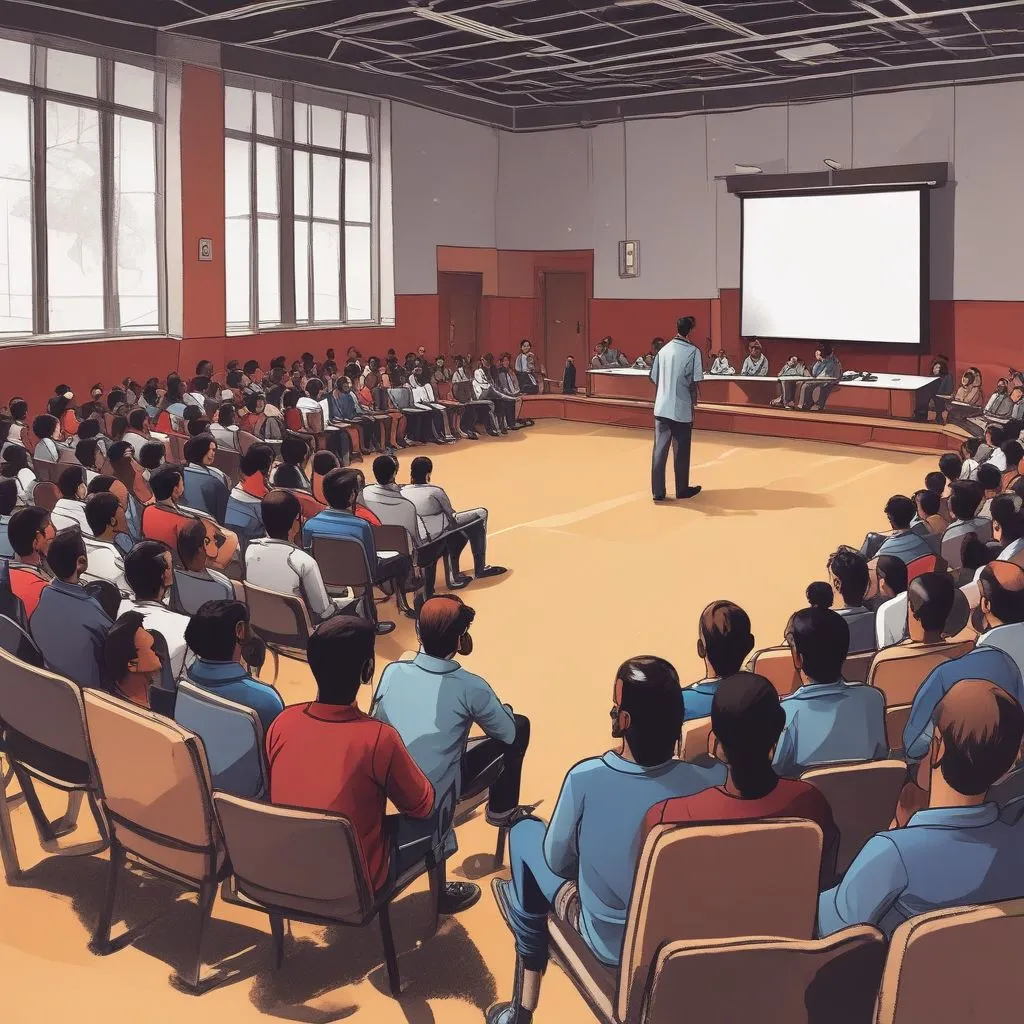 career guidance seminar in an Indian school auditorium with counsellor presenting career pathways on projector, students seated, realistic photo style