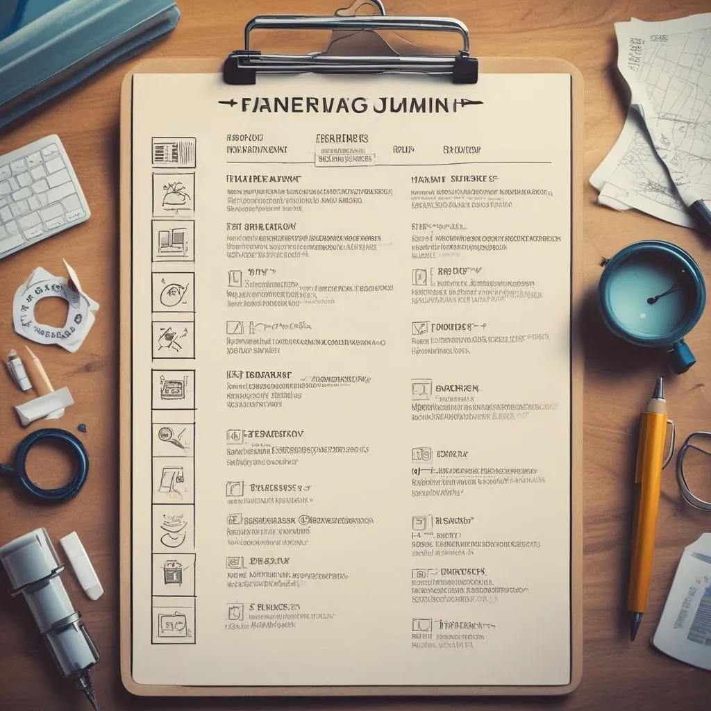 Close-up of a career roadmap checklist on a clipboard with icons for skills, interests, aptitude, and goals, realistic photo style