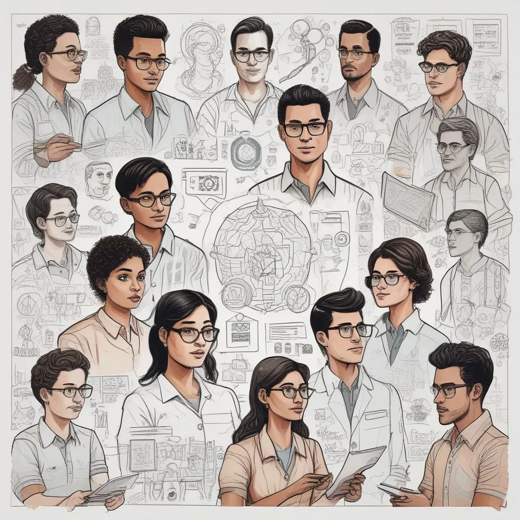 Collage of trending careers icons: AI, cybersecurity, psychology, fintech, with Indian students brainstorming on a whiteboard, realistic style