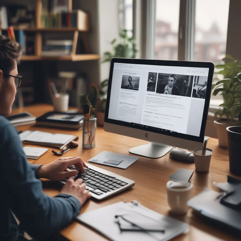 College student building a portfolio on laptop with resume, GitHub, and project cards visible; modern desk, realistic photo style