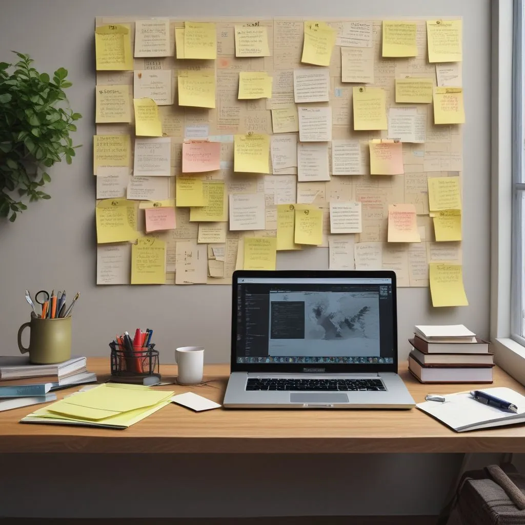 College student planning career roadmap with sticky notes, laptop showing internship applications, modern desk, realistic photo