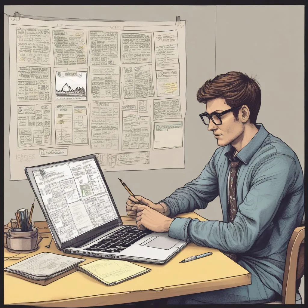 College student reviewing career roadmap with counsellor, sticky notes, internship checklist, laptop, realistic, 16:9