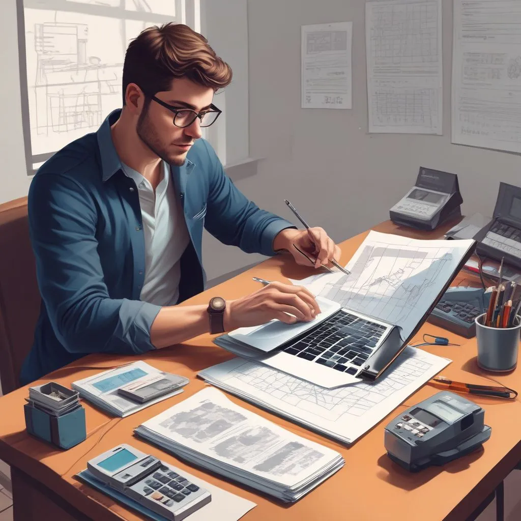 Commerce student analyzing charts on laptop with calculator and financial documents, modern study setup, realistic style