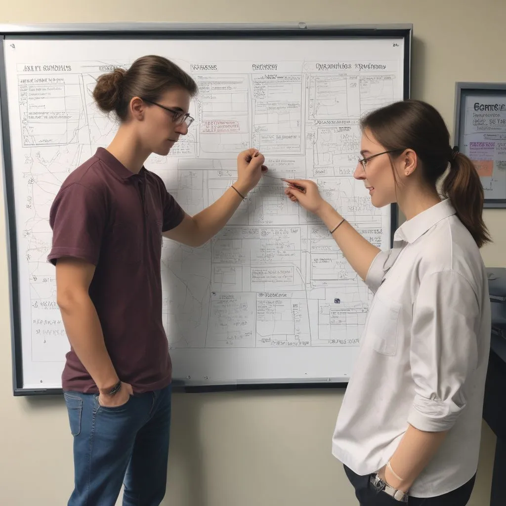 Counsellor showing a career roadmap chart to a high school student, with stream options and exam timeline on a whiteboard, realistic professional photo