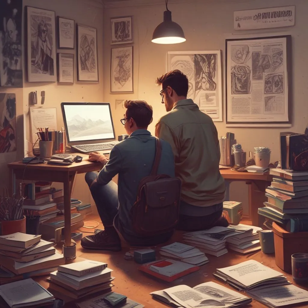creative student working on laptop with design and psychology books, modern workspace, portfolio concept, realistic
