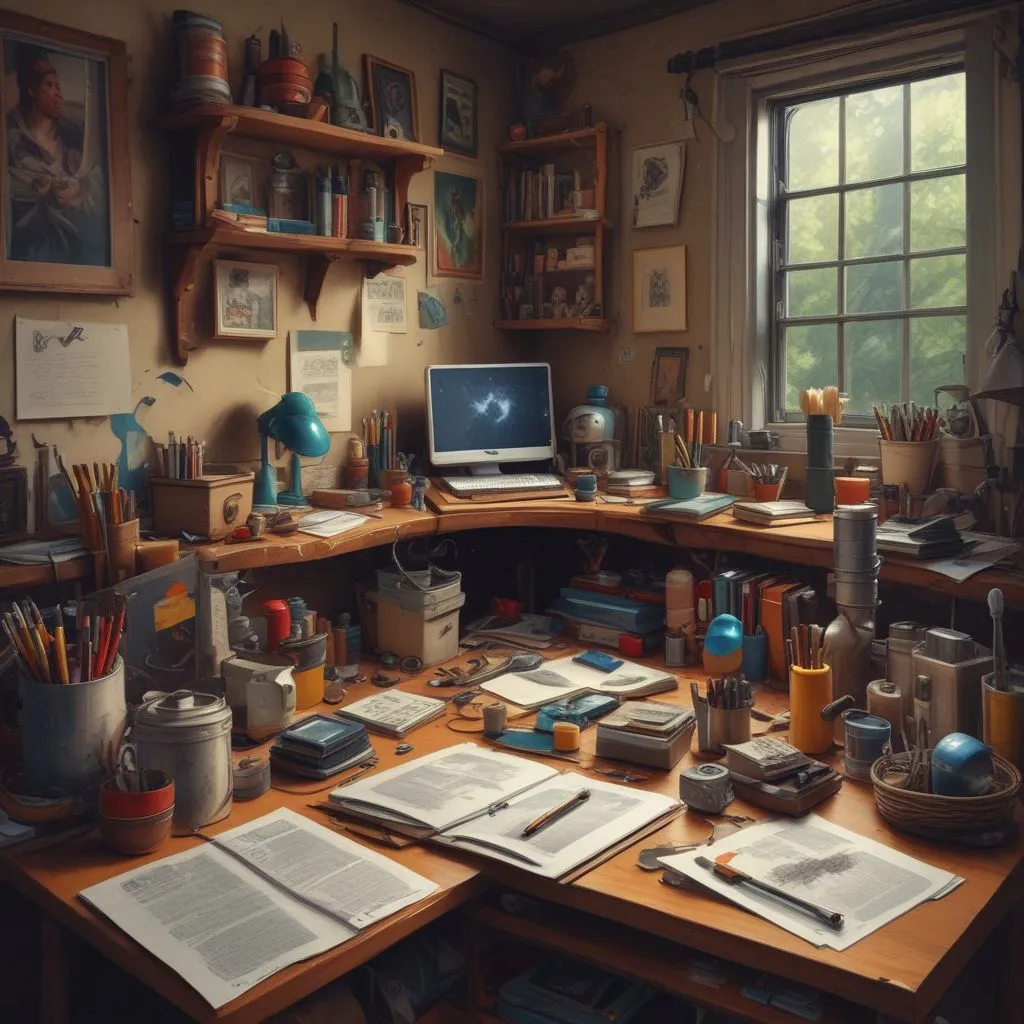 creative workspace with tools and ideas