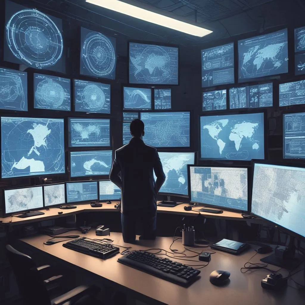 Cybersecurity analyst in SOC room, multiple monitors with threat maps, blue lighting, realistic photo style