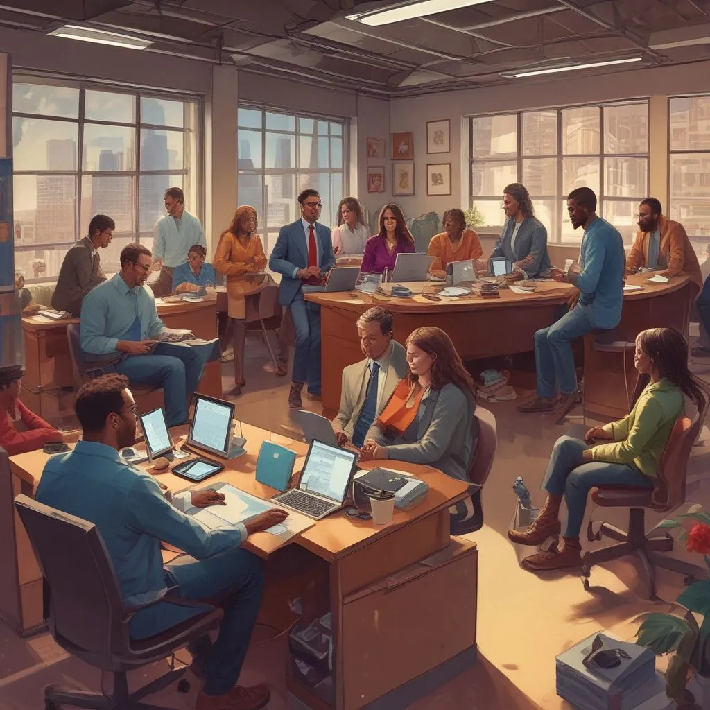 diverse team members collaborating in an office setting