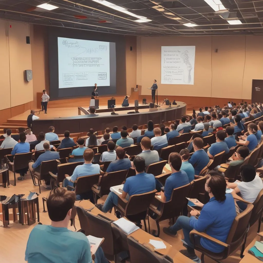 group career seminar in a school auditorium, counsellor presenting career options on screen, students taking notes, realistic photo