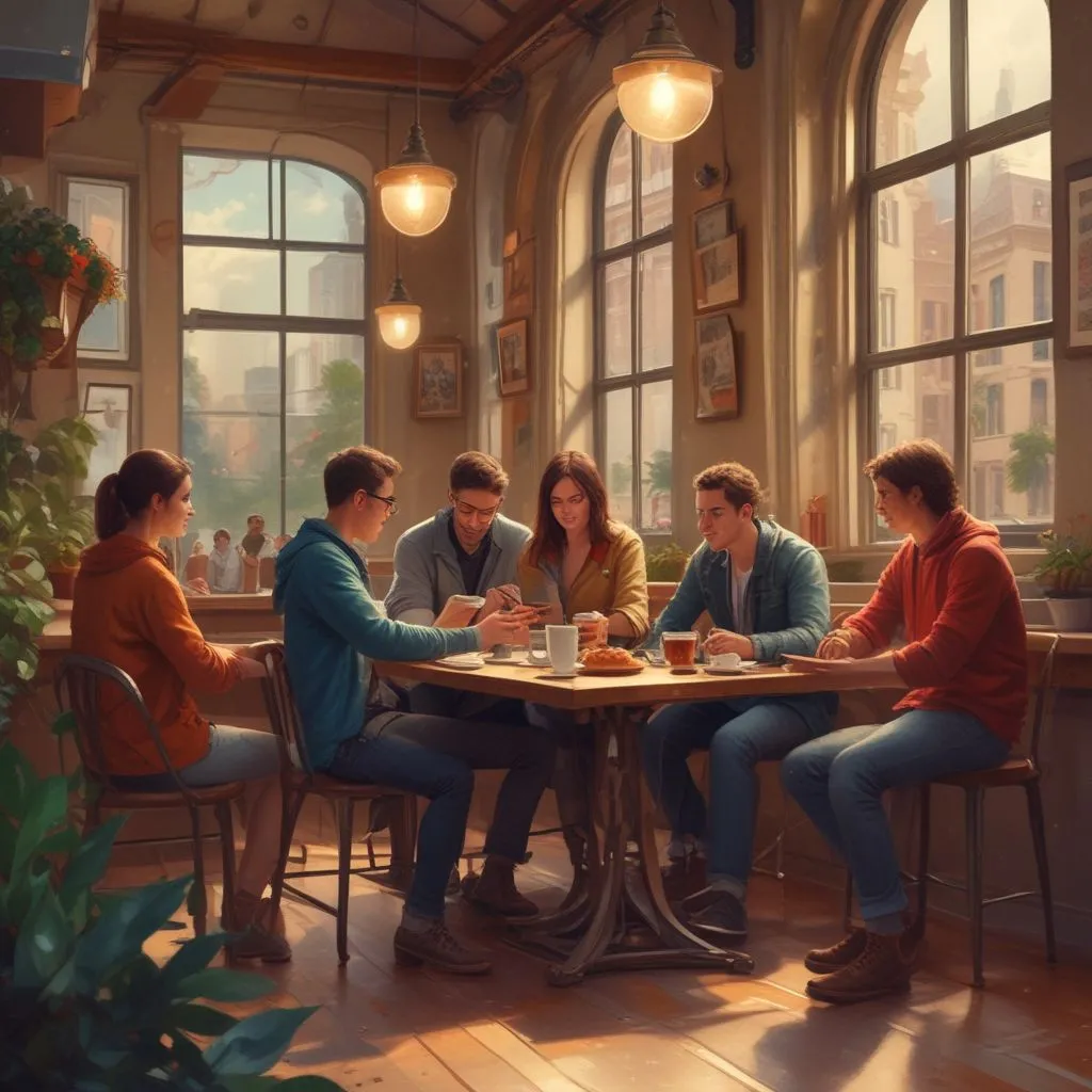 Group of digital nomads collaborating in a café