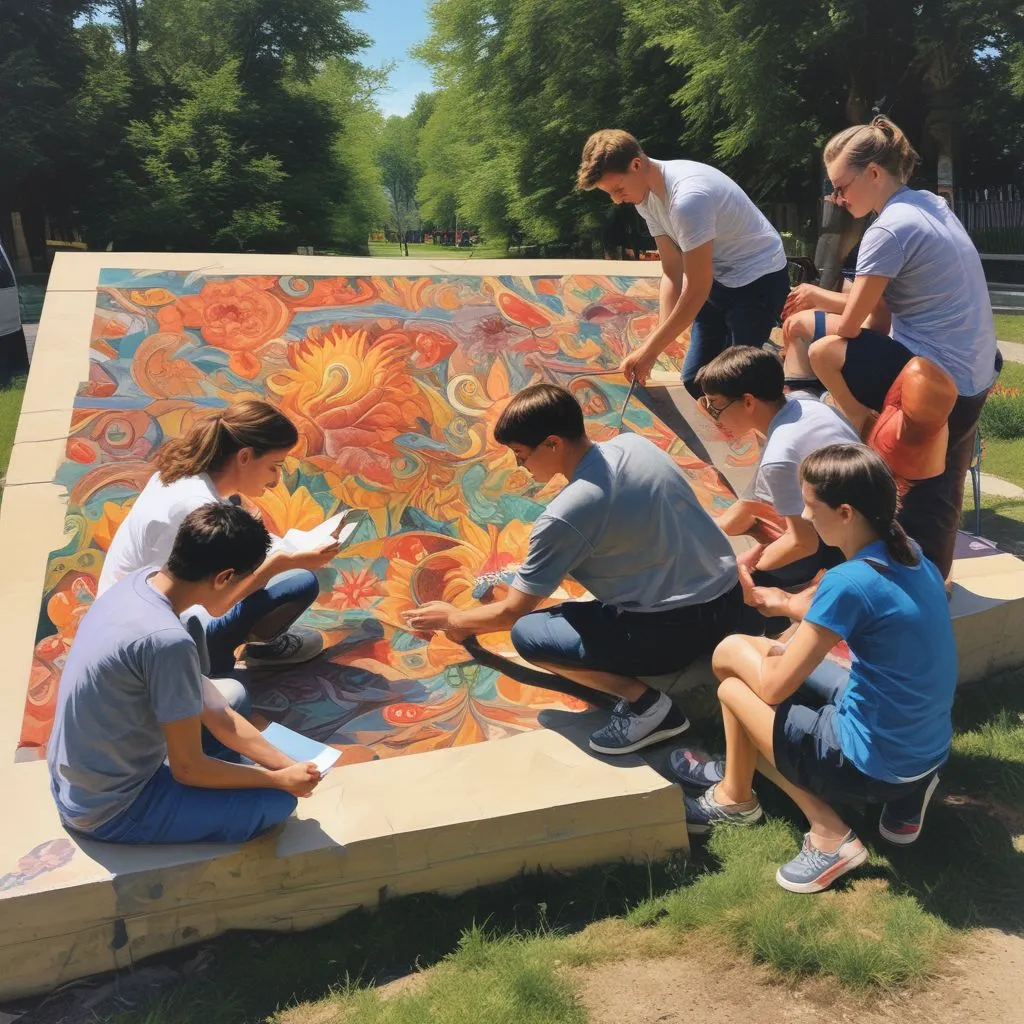 group of students collaborating in a mural painting