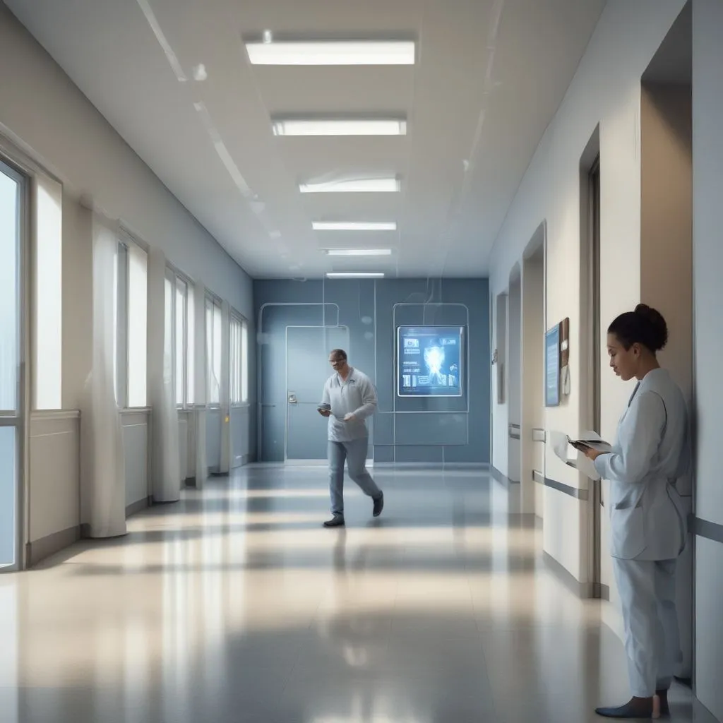 Healthcare professional using tablet in hospital corridor, digital health UI overlay, realistic photo