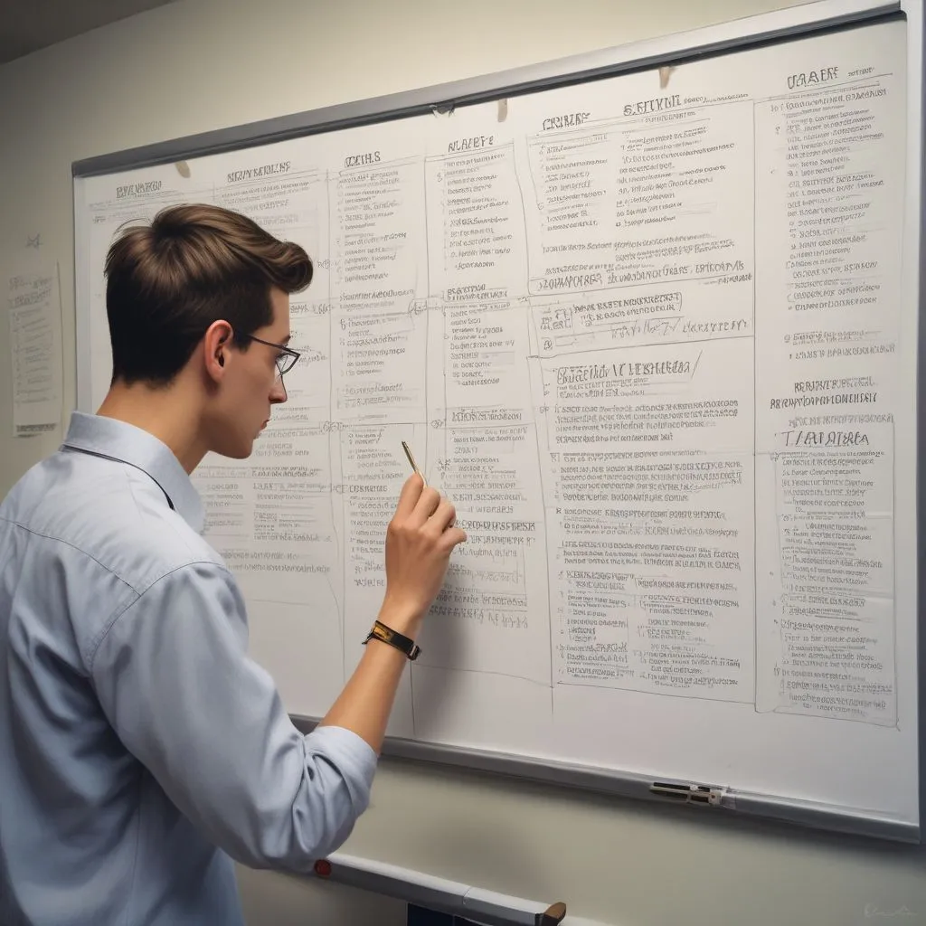 High school student with counsellor reviewing college list and entrance exam timeline on whiteboard, realistic photo