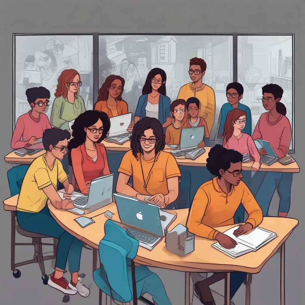 illustration of a diverse group of students engaged in online learning