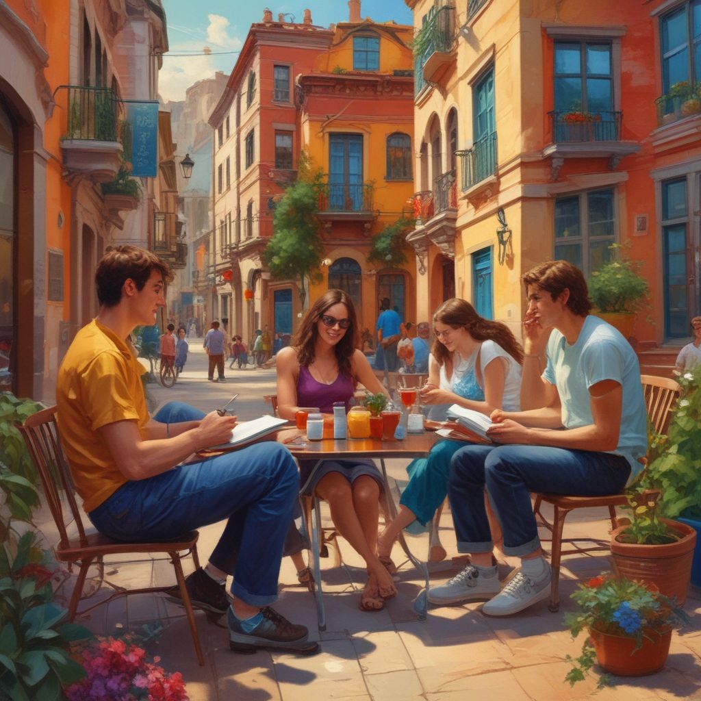 students practicing language exchange in a vibrant setting