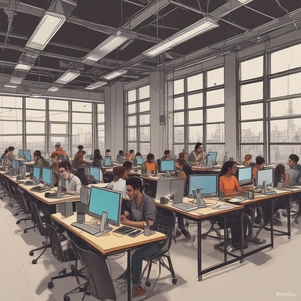 students working on laptops in a co-working space