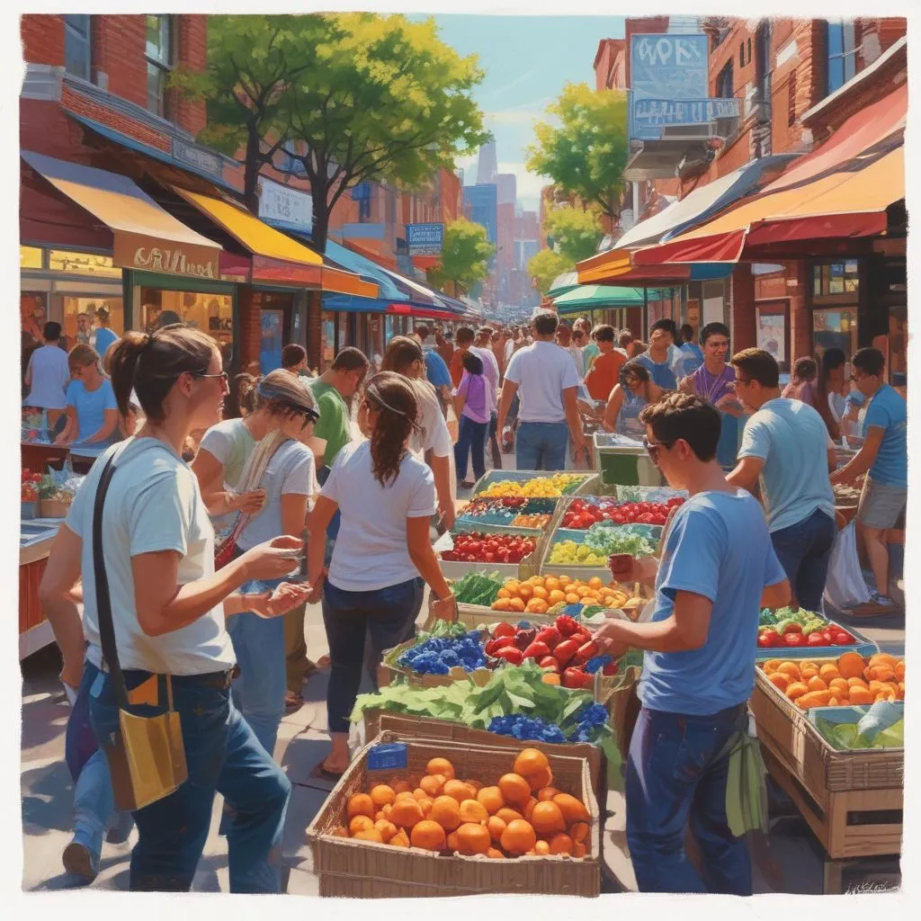 students working with local entrepreneurs in a vibrant market