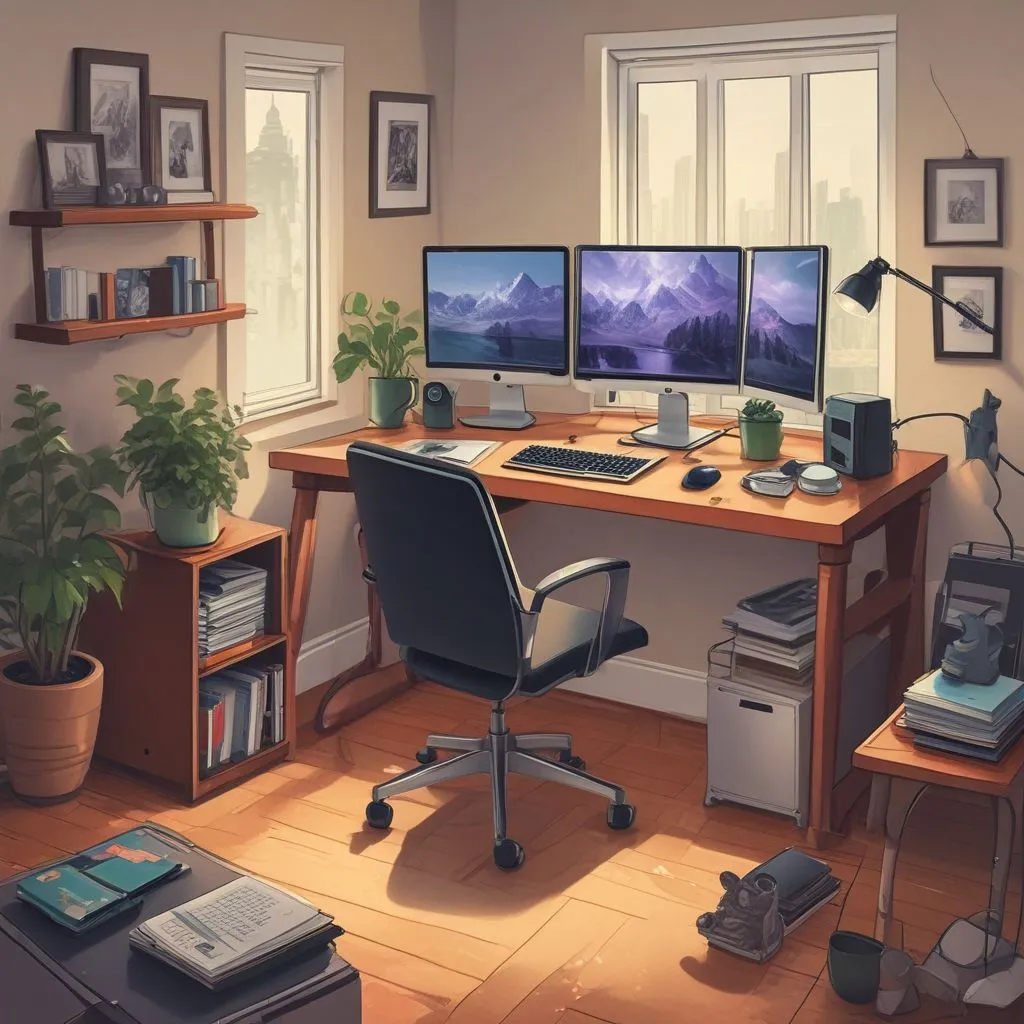remote work office setup with technology