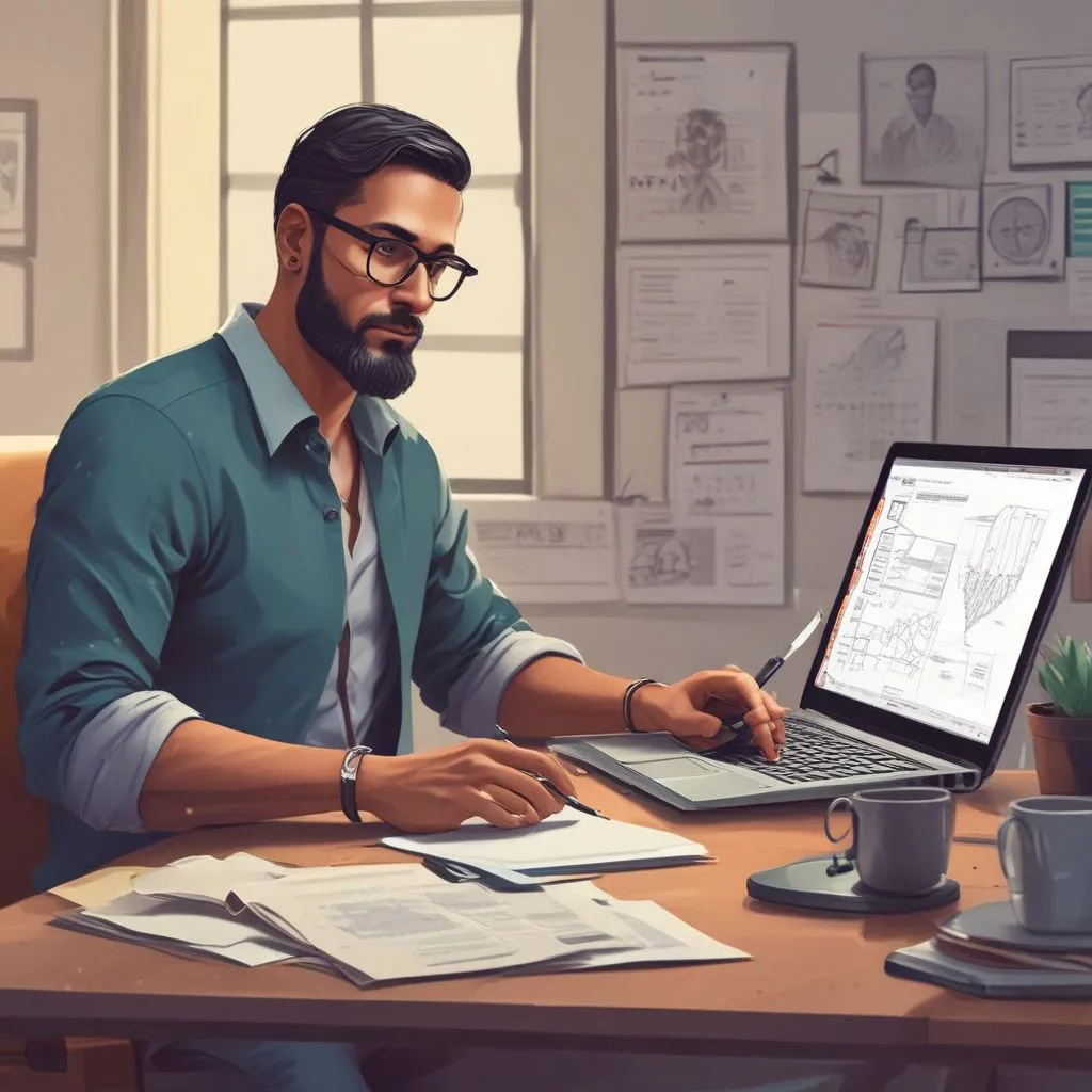 Indian analyst working on Power BI dashboard on laptop, office setting, realistic style