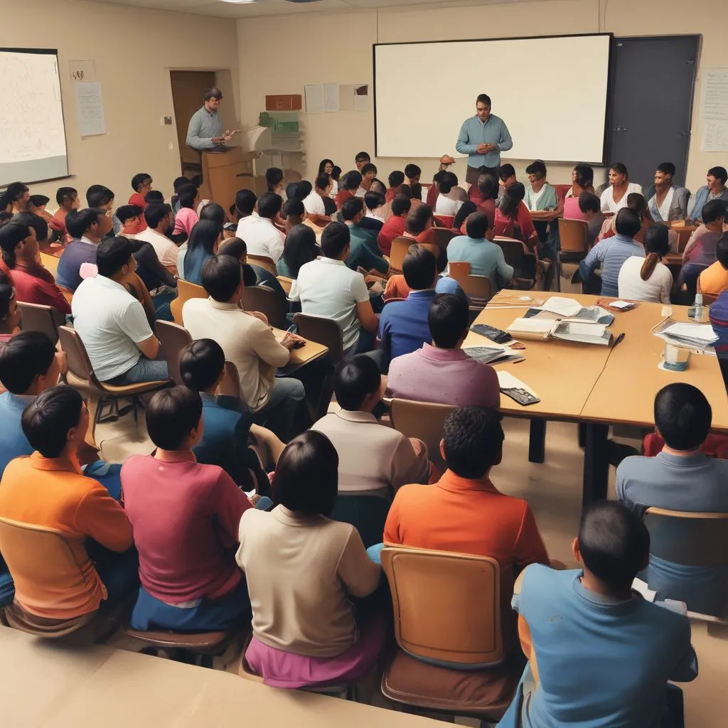 Indian school seminar on career guidance with a counsellor presenting slides, students seated, realistic photo style