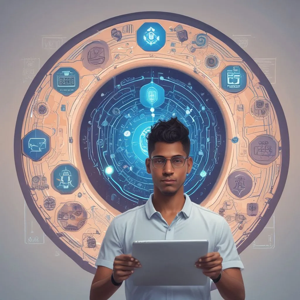 Indian student exploring AI and cybersecurity career paths on a tablet, icons of data, shield, code, clean modern style, photoreal