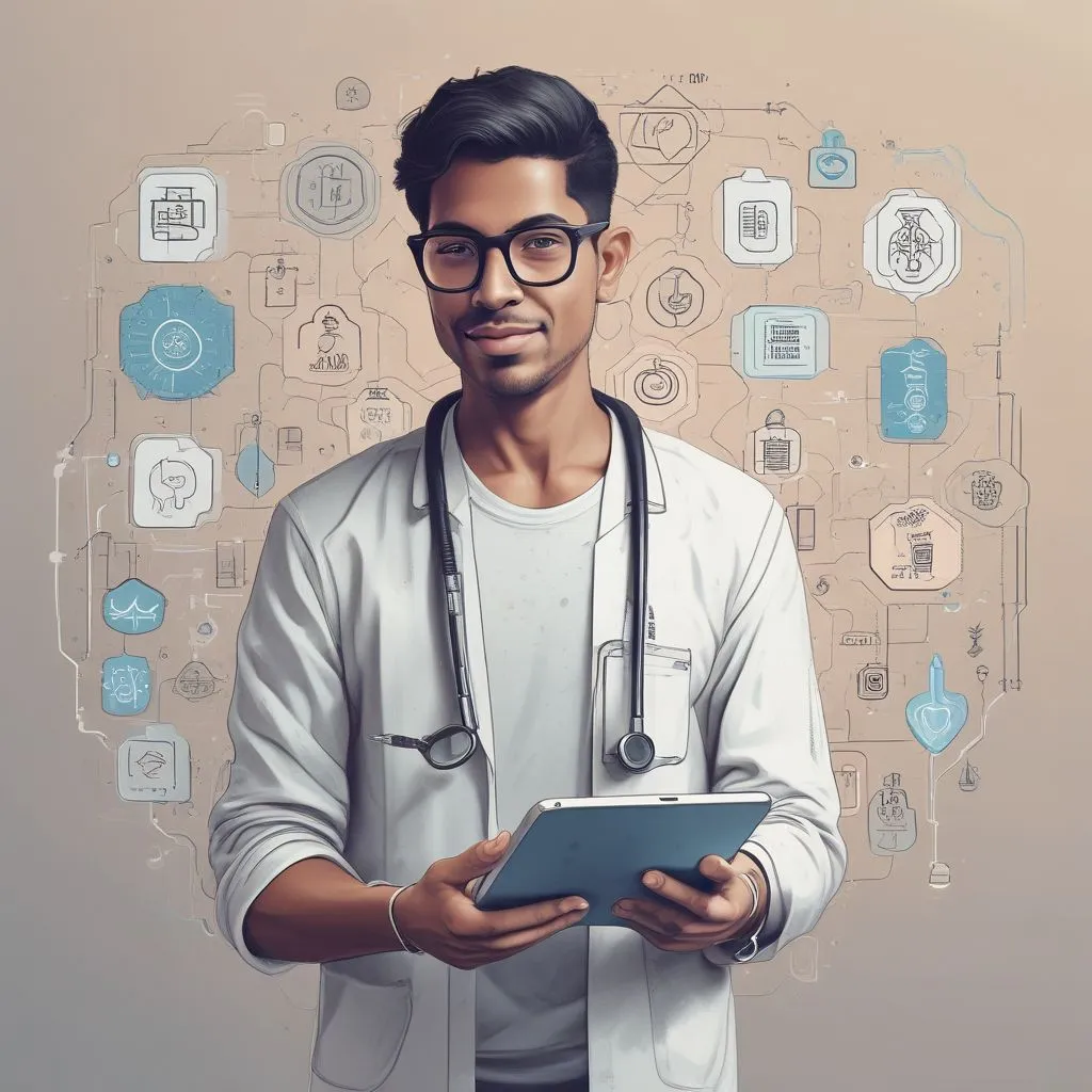 Indian student exploring AI and healthcare career paths on tablet, icons for cybersecurity, biotech, UX, clean infographic style