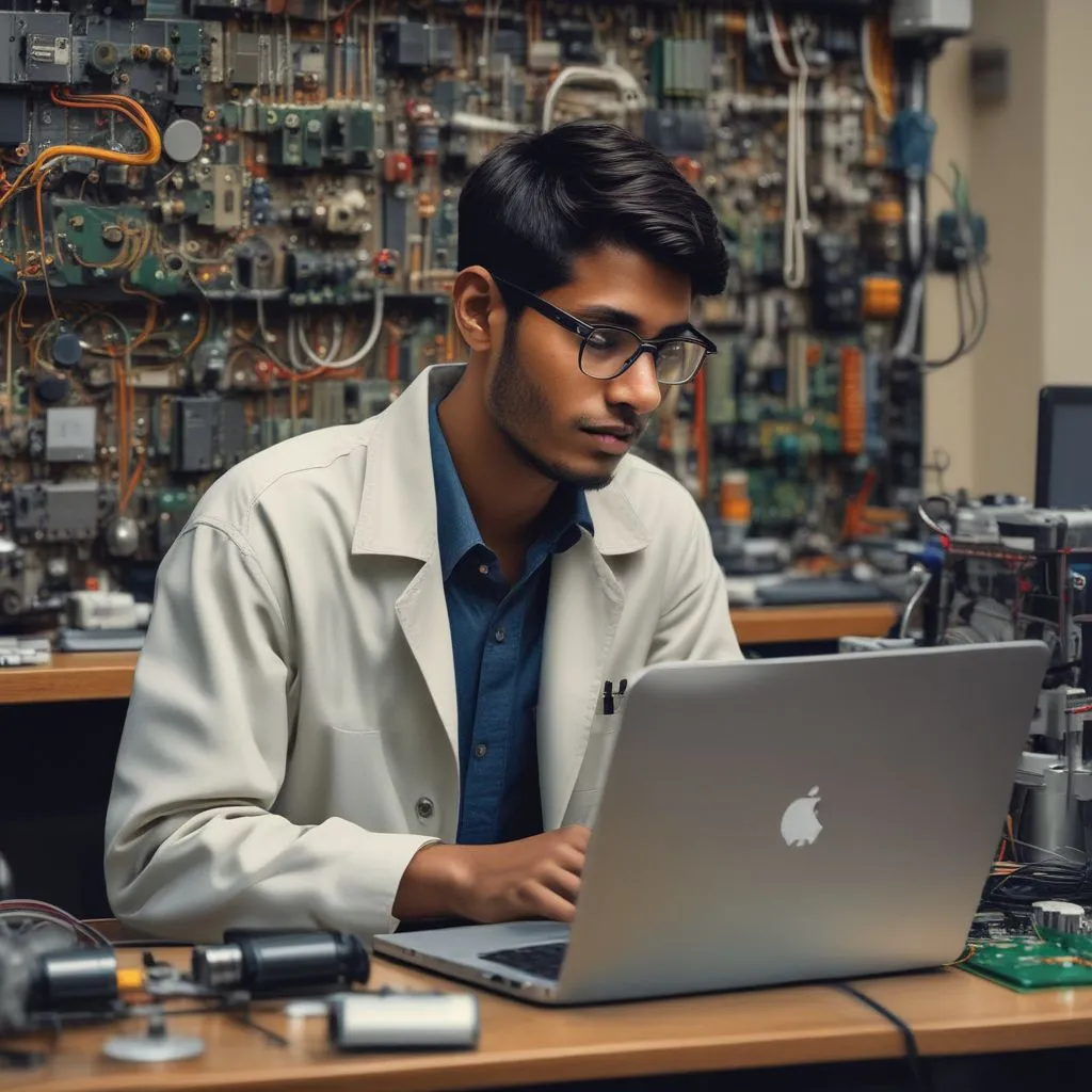 Indian student in a lab with laptop and circuit boards, STEM career planning, realistic photography