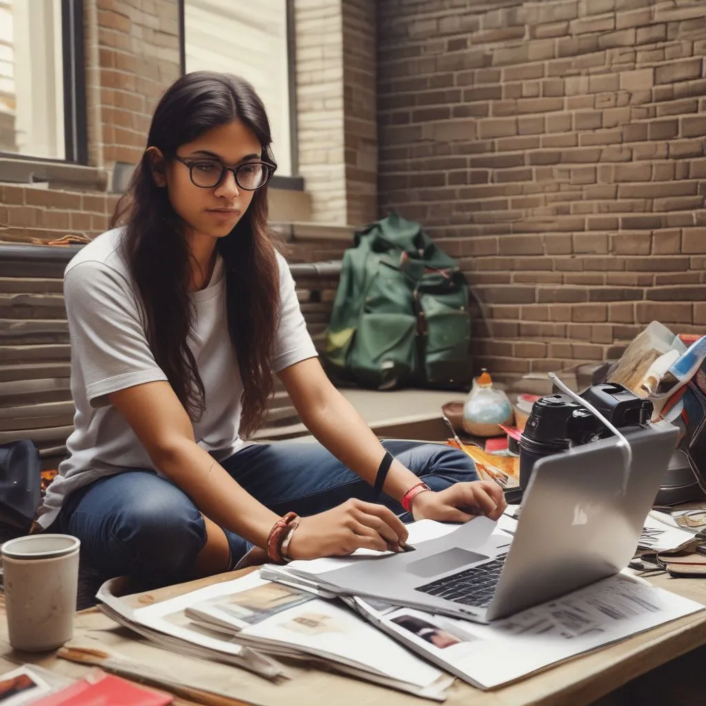 Indian student working on a creative portfolio with camera and laptop, arts and humanities careers, realistic photography