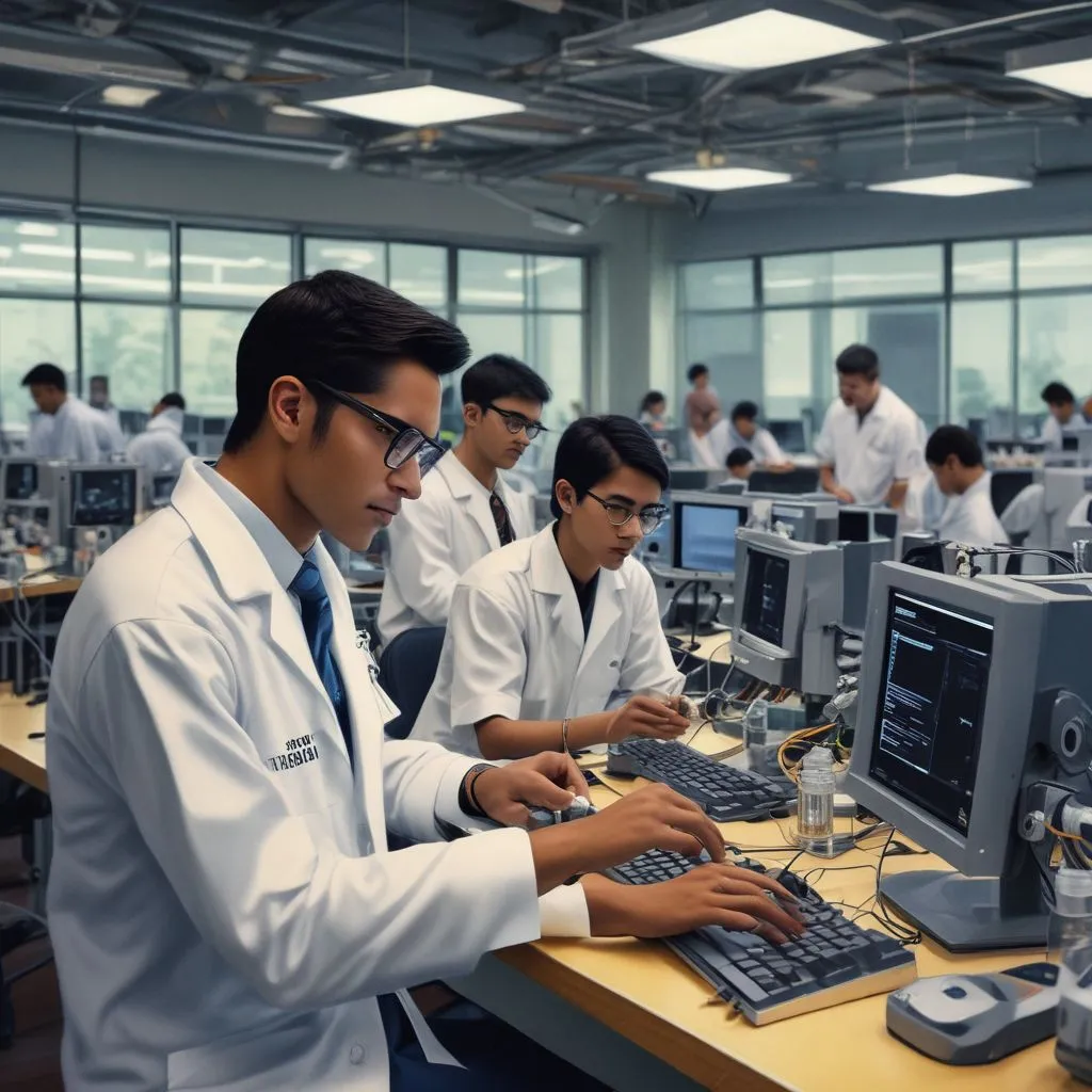 Indian students in science lab and computer lab split scene, engineering and biotech theme, realistic photography style