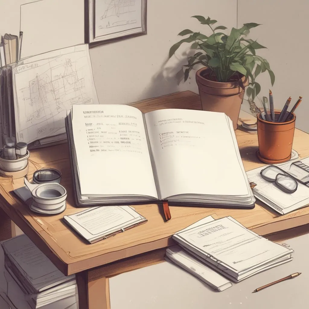 Minimal desk scene with a student roadmap notebook showing skill stack: communication, data, AI, finance, design; realistic style, warm light
