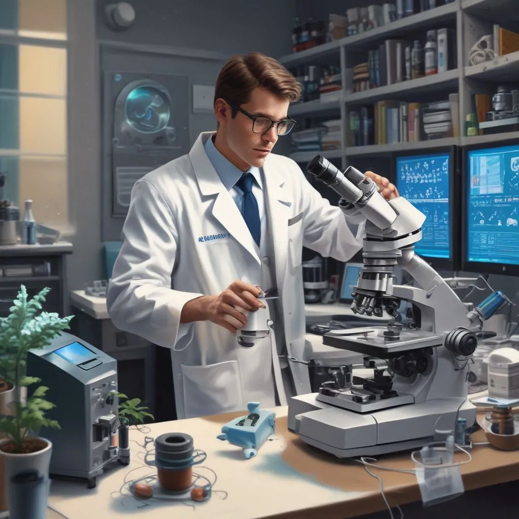 modern healthcare lab with student in lab coat using microscope and computer, biotech bioinformatics vibe, realistic
