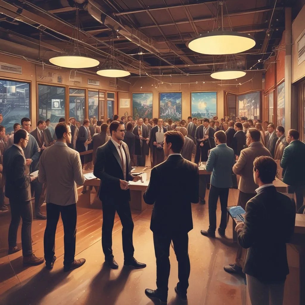 Networking event with professionals interacting online and offline