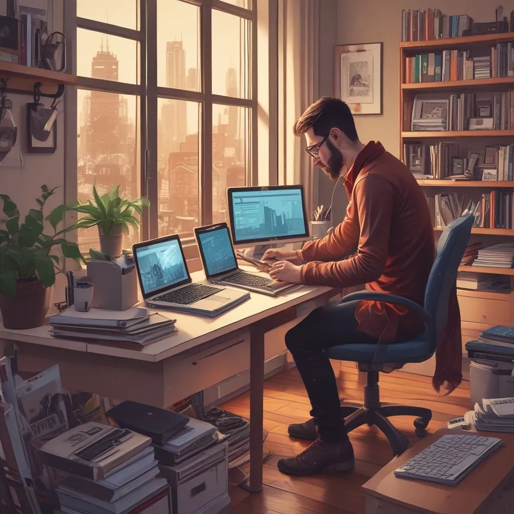person working on multiple devices in a home office