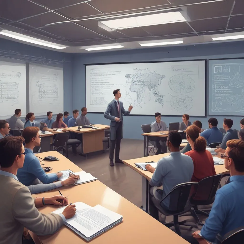 Photo-realistic classroom seminar scene: mentor presenting AI and cybersecurity career pathways on a screen, students taking notes, modern training room, professional lighting