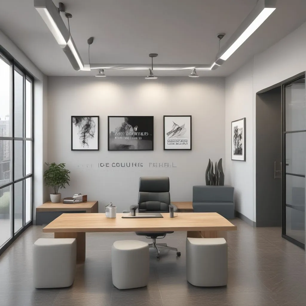 Professional career counselling office setup with branding, counsellor working at desk, client seating area, modern minimal interior, realistic photography
